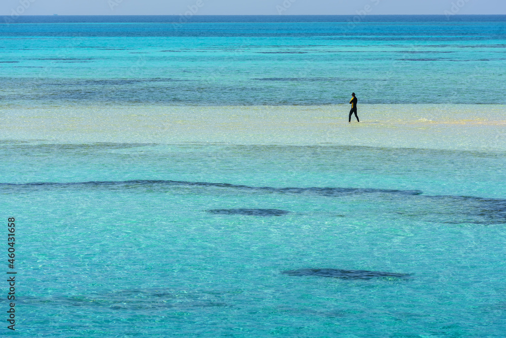 A man in a diving suit walks along the in the Red Sea