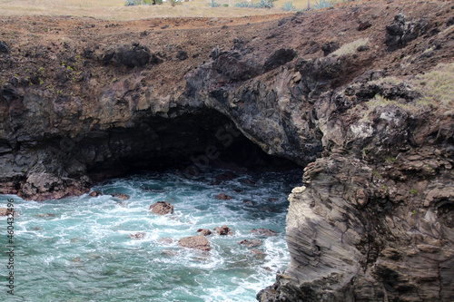 Ana Kai Tangata cave south of Hanga Roa, also known as the cannibal cave