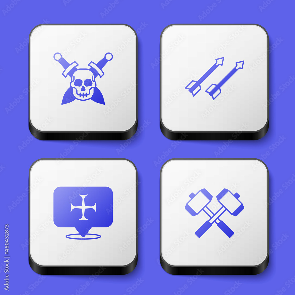 Set Skull with sword, Medieval arrows, Crusade and Crossed battle hammers icon. White square button. Vector Set Skull with sword, Medieval arrows, Crusade and Crossed battle hammers icon. White square button. Vector