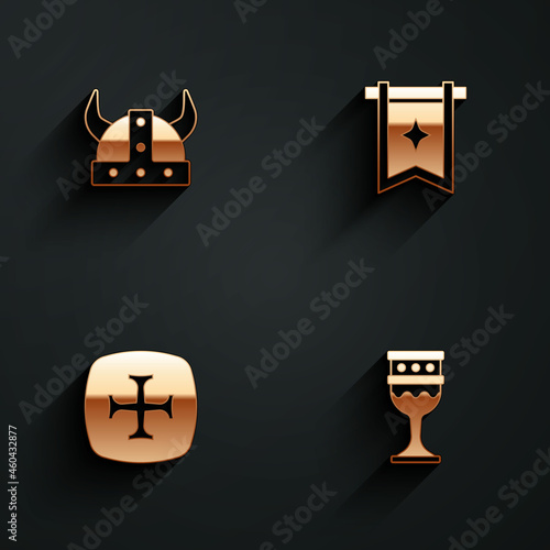 Set Viking in horned helmet, Medieval flag, Crusade and goblet icon with long shadow. Vector