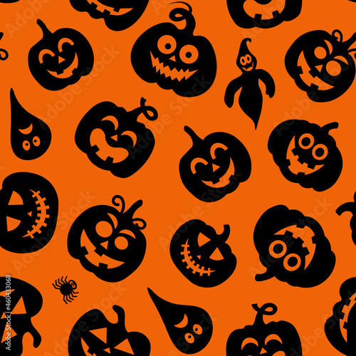 Seamless vector pattern for Halloween design. Halloween symbols: pumpkin, spider, ghost in cartoon style. Vector Illustration