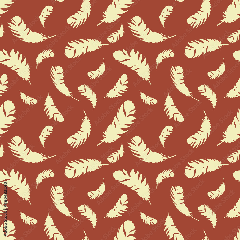 Bird light feathers fly on a brown background. Seamless pattern for modern fabrics, trendy textiles, decorative pillows, paper products. Vector. Bird light feathers fly on a brown background. Seamless pattern for modern fabrics, trendy textiles, decorative pillows, paper products. Vector.