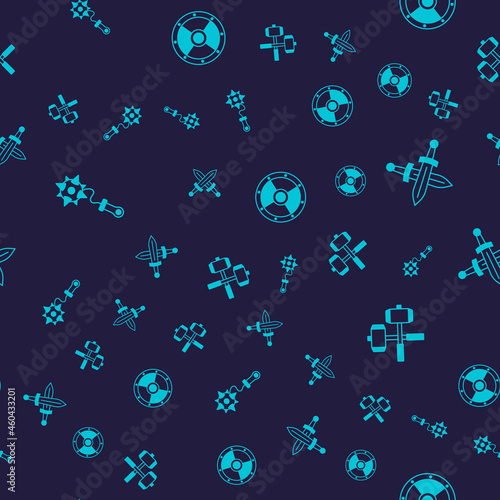 Set Mace with spikes, Crossed medieval sword, Round shield and battle hammers on seamless pattern. Vector