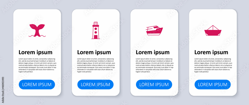 Set Folded paper boat, Speedboat, Lighthouse and Whale tail. Business infographic template. Vector Set Folded paper boat, Speedboat, Lighthouse and Whale tail. Business infographic template. Vector
