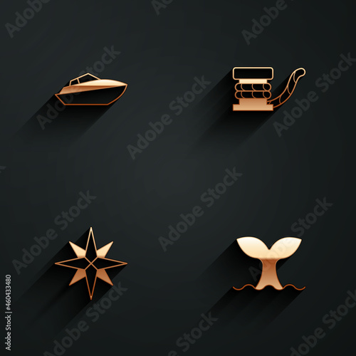 Set Speedboat, Marine bollard with rope, Wind rose and Whale tail icon with long shadow. Vector