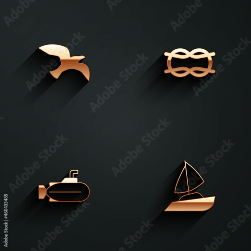 Set Bird seagull, Nautical rope knots, Submarine and Yacht sailboat icon with long shadow. Vector