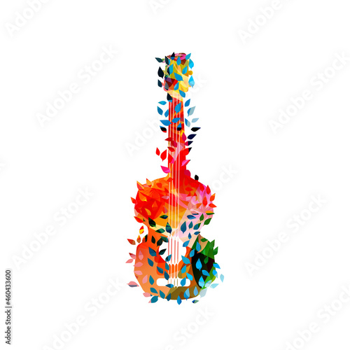 Acoustic guitar with leaves isolated for live concert events, jazz music festivals and shows, party flyer. Musical promotional poster with musical instrument, colorful vector illustration