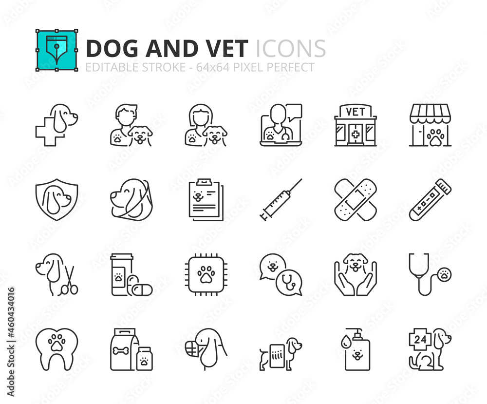Simple set of outline icons about dogs and vet. Pets. - obrazy, fototapety, plakaty 