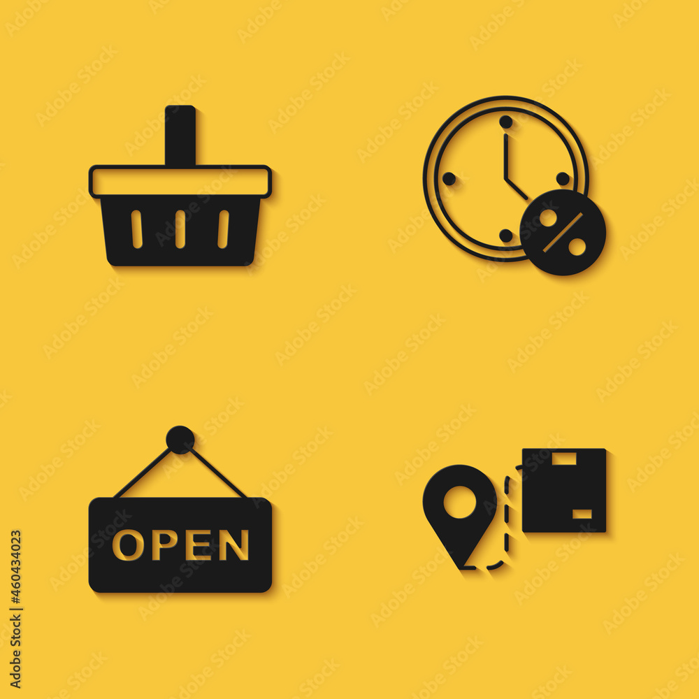 Set Shopping basket, Location with cardboard box, Hanging sign text Open and Clock and percent discount icon with long shadow. Vector Set Shopping basket, Location with cardboard box, Hanging sign text Open and Clock and percent discount icon with long shadow. Vector