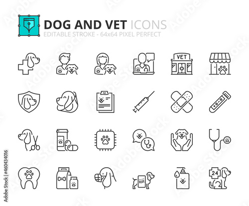Simple set of outline icons about dogs and vet. Pets.