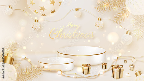 White product show podium on luxury christmas background, golden ball, pine tree, lamp, gift box, bokeh, blur and snow element on scene, celebrations design, 3d realistic banner. Vector illustration.
