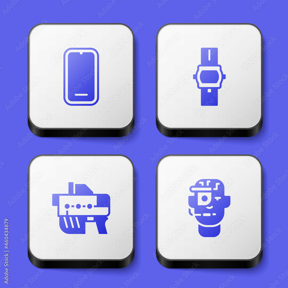 Set Mobile phone, Wrist watch, Futuristic weapon and Smart glasses spectacles icon. White square button. Vector Set Mobile phone, Wrist watch, Futuristic weapon and Smart glasses spectacles icon. White square button. Vector