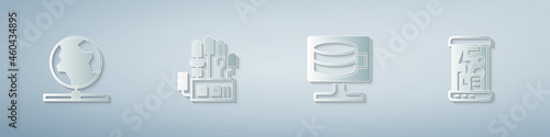 Set Global technology, Mechanical robot hand, Cloud database and Cryogenic capsules. Paper art style. Vector