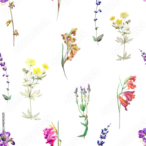 Watercolor meadow flowers, vintage seamless pattern. Design for fabrics, textiles, wallpapers, backgrounds, covers, packaging, wrapping paper. © Svetlana Yumaguzina