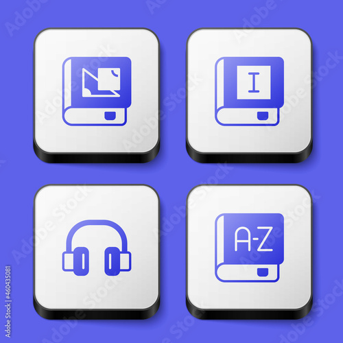 Set Book about geometry, Headphones and Translator book icon. White square button. Vector