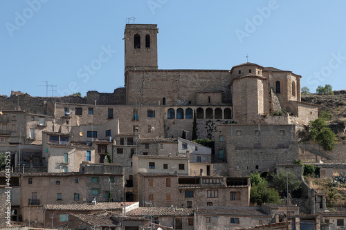 panoramic view of the town of guimera with the church on top of the hill