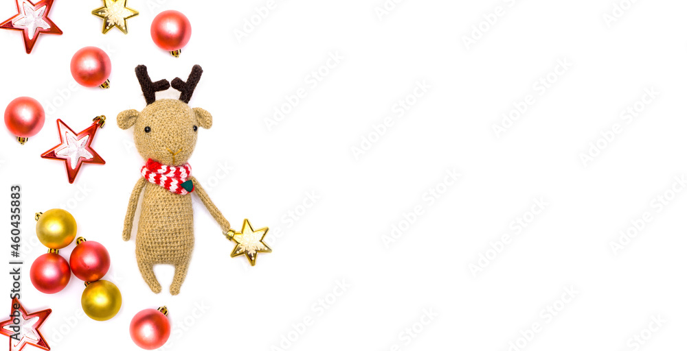 Reindeer Christmas decor toys balls stars Free for text Poster Banner. Flat lay Christmas new year