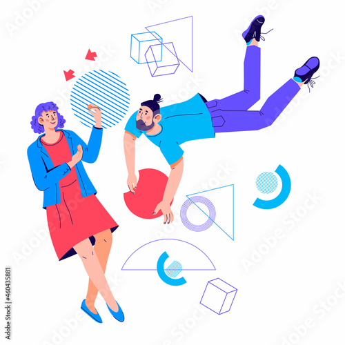 Colleagues or coworkers do work tasks. Business workflow and efficient cooperation, collaboration and partnership with  modern geometric shapes and memphis style, flat vector isolated on white.