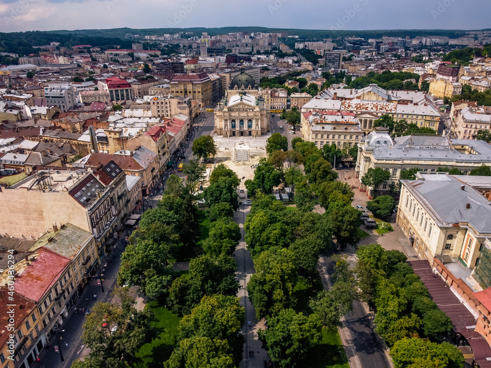 Panorama aerial of Svobody Avenue Lviv Lemberg Ukraine