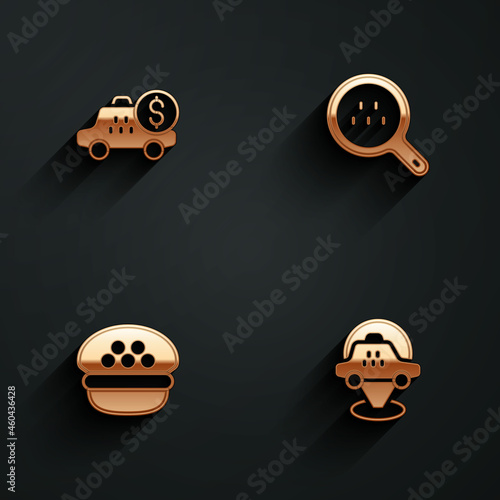 Set Taximeter device, Search taxi, driver cap and Location car icon with long shadow. Vector