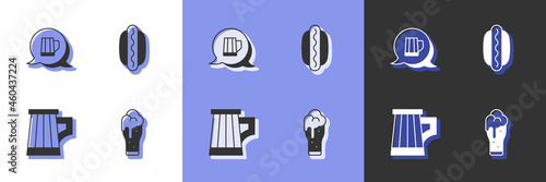 Set Glass of beer  Wooden mug  and Hotdog sandwich icon. Vector