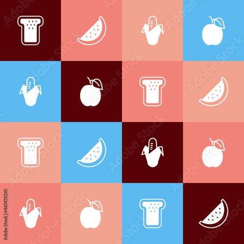 Set pop art Bread toast, Watermelon, Corn and Plum fruit icon. Vector