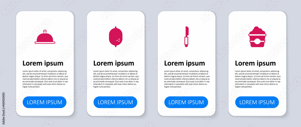 Set Popcorn in cardboard box, Knife, Lemon and Covered with tray of food. Business infographic template. Vector