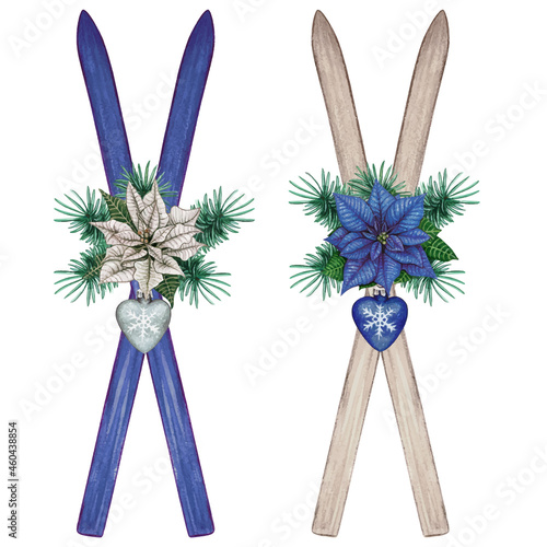 Watercolor rustic ski boards in cross position with poinsettia and decorations