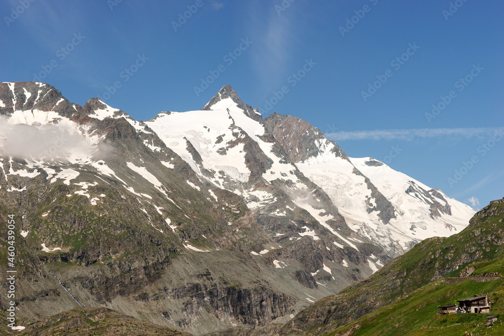 View of the Grossglockner with a clear blue sky. Highest mountain in Austria