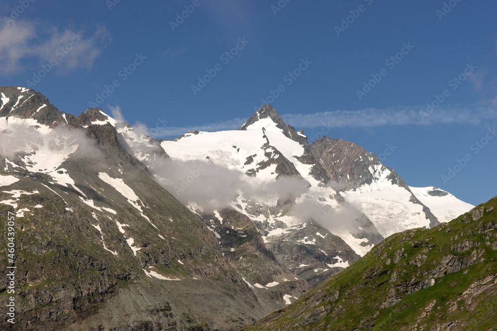View of the Grossglockner with a clear blue sky. Highest mountain in Austria