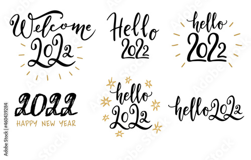 Collection of 2022 Happy New Year typography logo text design. 2022 number design template. Set of hello 2022 happy new year symbols. Text design templates. Lettering vector illustration.