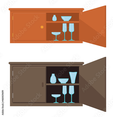 Cupboard set vector illustration. Wardrobe with a slightly open door and dishes on the shelves