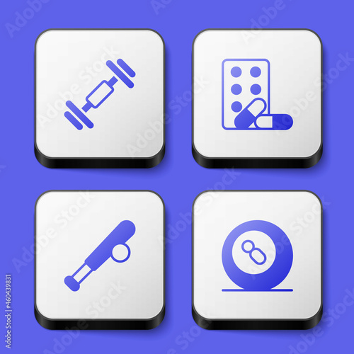 Set Dumbbell, Sports doping with dumbbell, Baseball bat ball and Billiard pool snooker icon. White square button. Vector