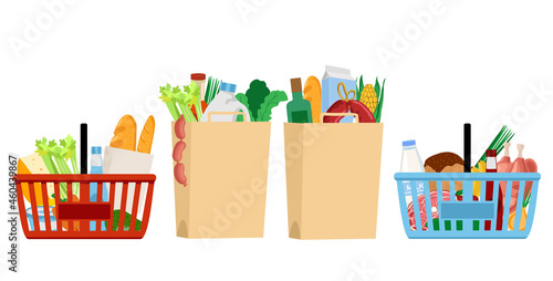 Grocery food basket. Eco shopping bags and baskets with food. Food basket and food bags from the supermarket. Vector illustration