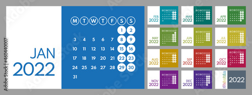 2022 wall or desk office calendar vector template, colorful grids, monday first, two weekends