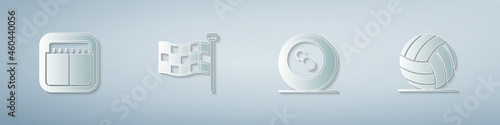 Set Sport mechanical scoreboard, Checkered flag, Billiard pool snooker ball and Volleyball. Paper art style. Vector