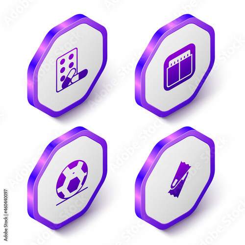 Set Isometric Sports doping with dumbbell, mechanical scoreboard, Soccer football ball and Flippers for swimming icon. Purple hexagon button. Vector