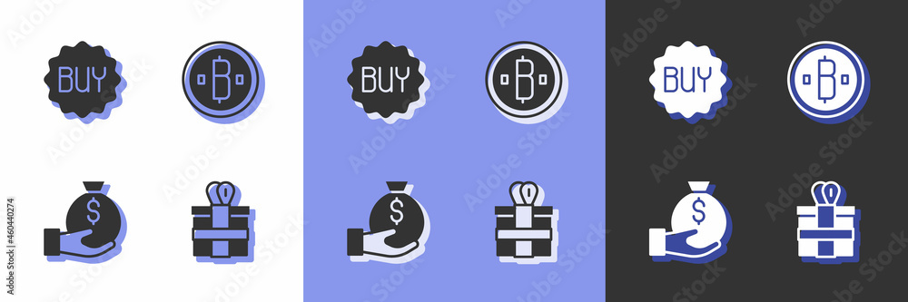 Set Gift box, Buy button, Money bag and Cryptocurrency coin Bitcoin icon. Vector Set Gift box, Buy button, Money bag and Cryptocurrency coin Bitcoin icon. Vector