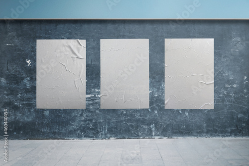 White crumpled paper poster template. Glued paper banner mockup. Empty street art mockup. Clear urban glued advertising on wall background
