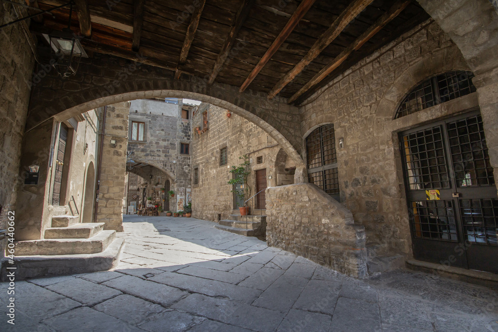 Medieval town of Piazza San Pellegrino.The Small pathway in Tourist attraction district in Viterbo, Lazio, central Italy.Italian Village, Roman Culture