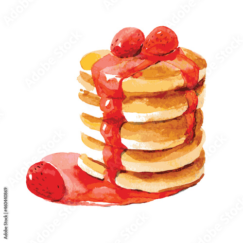 Tasty pancake with strawberry jam. Hand drawn watercolor illustration isolated on white background. Vector