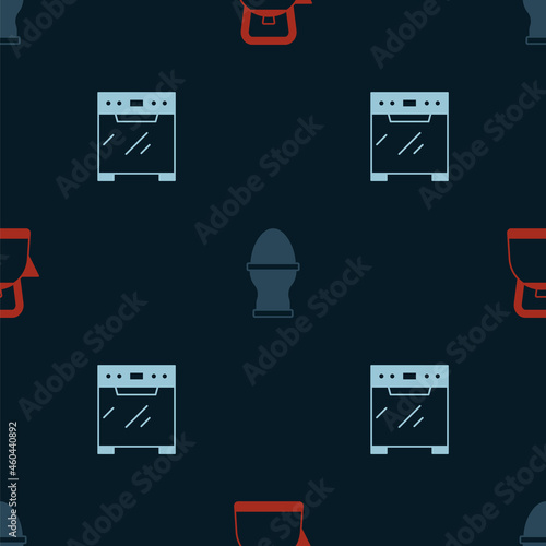 Set Kettle with handle, Chicken egg on stand and Oven on seamless pattern. Vector