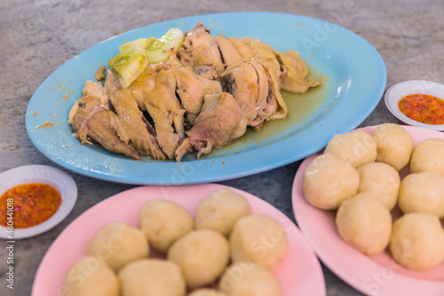 The Malacca style's Hainanese boiled chicken and rice balls, served at a restaurant called Kedai Kopi Chung Wah. photo