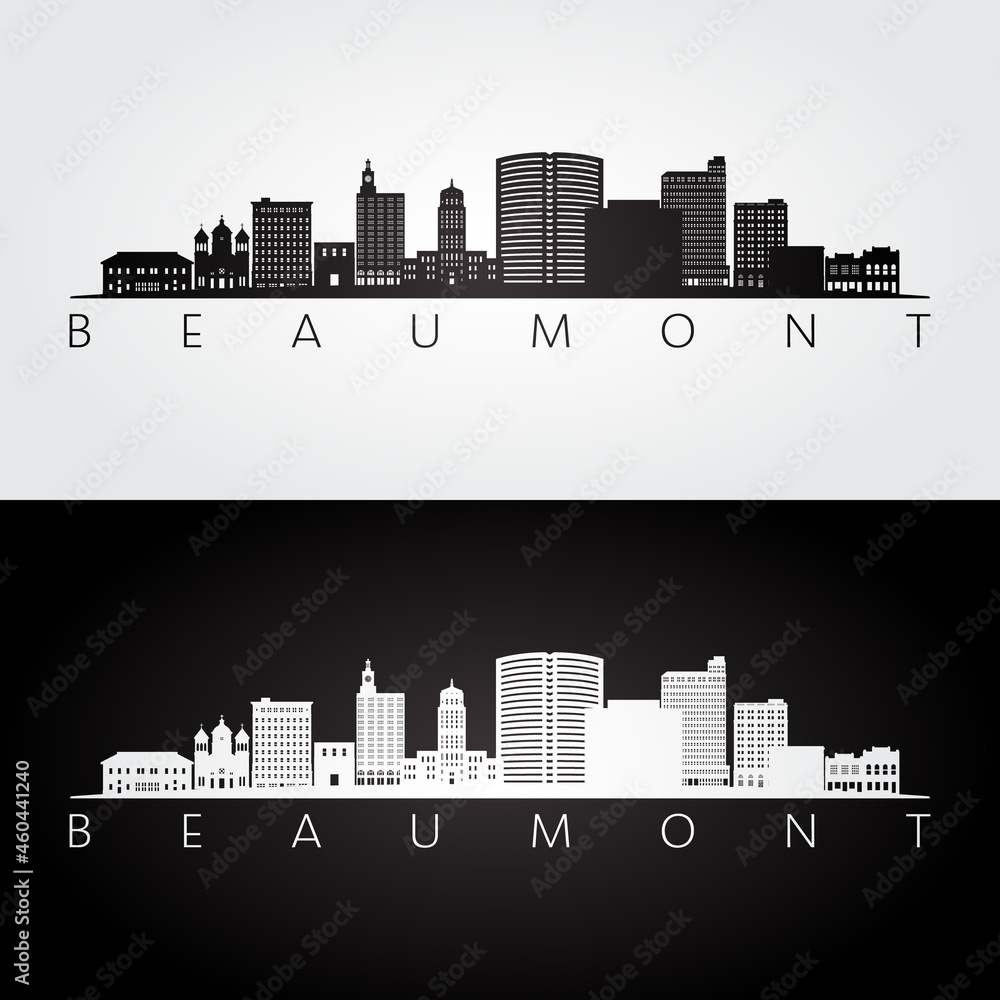 Beaumont TX skyline and landmarks silhouette, black and white design, vector illustration.