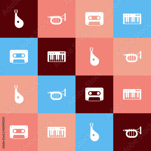 Set pop art Bandura, Trumpet, Retro audio cassette tape and Music synthesizer icon. Vector
