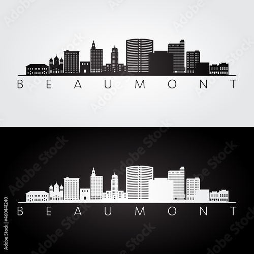 Beaumont TX skyline and landmarks silhouette, black and white design, vector illustration.