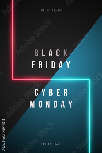 Black Friday and Cyber Monday vertical banner. Red and Blue neon led lamps on dark background with text space. Stock vector illustration.