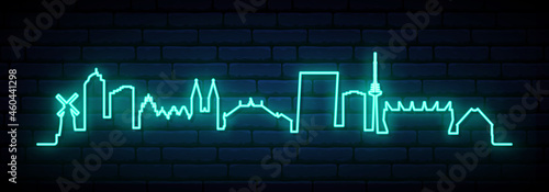 Blue neon skyline of Bremen. Bright Bremen City long banner. Vector illustration.