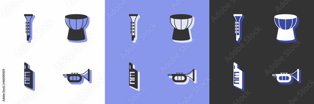 Set Trumpet, Clarinet, Keytar and African darbuka drum icon. Vector Set Trumpet, Clarinet, Keytar and African darbuka drum icon. Vector