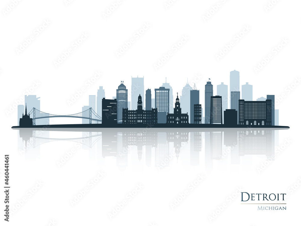 Detroit skyline silhouette with reflection. Landscape Detroit, Michigan. Vector illustration.